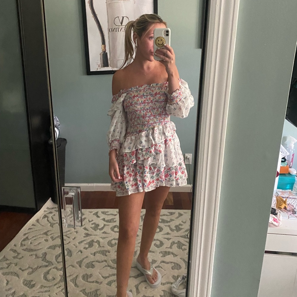 Mixed Floral Print Party Dress with Puffed Sleeves and smocked Square Neck